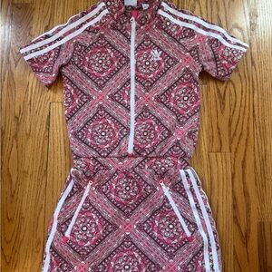 adidas Pink Geometric Short Sleeve Girls Romper with White Stripes